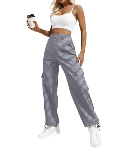 IWOLLENCE Cargohose Damen Y2K Hose Arbeitshose Hoher Taille Pants Baggy Jogginghose Outdoor Hosen für Damen mit Kordelzugbündchen 6 Taschen Grau XL von IWOLLENCE