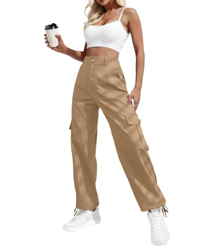 IWOLLENCE Cargohose Damen Y2K Hose Arbeitshose Hoher Taille Pants Baggy Jogginghose Outdoor Hosen für Damen mit Kordelzugbündchen 6 Taschen Khaki M von IWOLLENCE