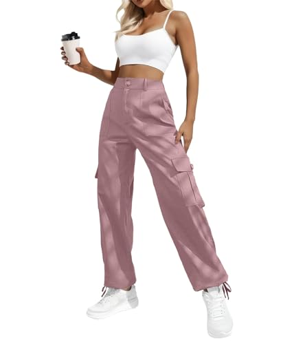 IWOLLENCE Cargohose Damen Y2K Hose Arbeitshose Hoher Taille Pants Baggy Jogginghose Outdoor Hosen für Damen mit Kordelzugbündchen 6 Taschen Rosa M von IWOLLENCE