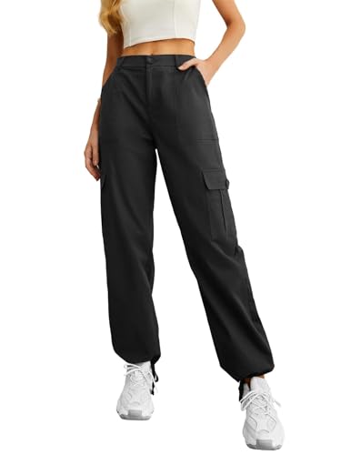 IWOLLENCE Cargohose Damen Y2K Hose Arbeitshose Hoher Taille Pants Baggy Jogginghose Outdoor Hosen für Damen mit Kordelzugbündchen 6 Taschen Schwarz XL von IWOLLENCE