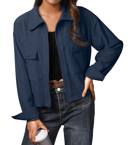 IWOLLENCE Cordjacke Damen Hemdjacke Cordhemd Kurzjacke Langarm Revers Button-Down Shacket Mantel (Blau, M) von IWOLLENCE