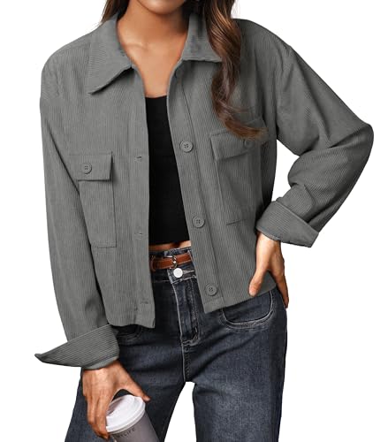 IWOLLENCE Cordjacke Damen Hemdjacke Cordhemd Kurzjacke Langarm Revers Button-Down Shacket Mantel (Grau, M) von IWOLLENCE
