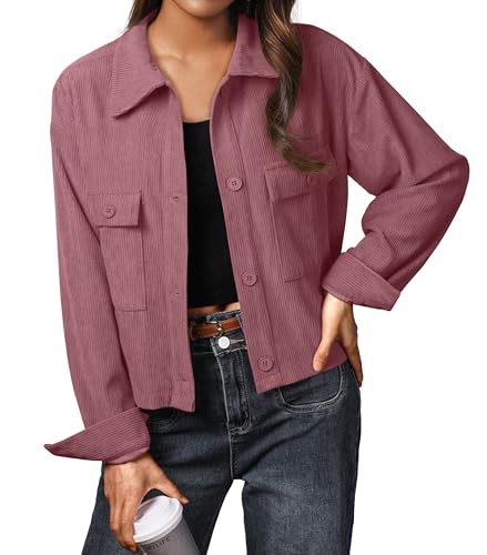 IWOLLENCE Cordjacke Damen Hemdjacke Cordhemd Kurzjacke Langarm Revers Button-Down Shacket Mantel (Graurosa, S) von IWOLLENCE