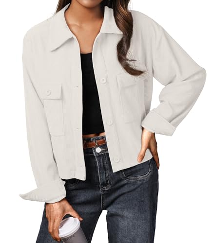 IWOLLENCE Cordjacke Damen Hemdjacke Cordhemd Kurzjacke Langarm Revers Button-Down Shacket Mantel (Weiß, S) von IWOLLENCE