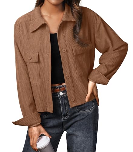 IWOLLENCE Cordjacke Damen Hemdjacke Damen Cordhemd Damen Kurzjacke Langarm Revers Button-Down Shacket Mantel (Braun, XXL) von IWOLLENCE