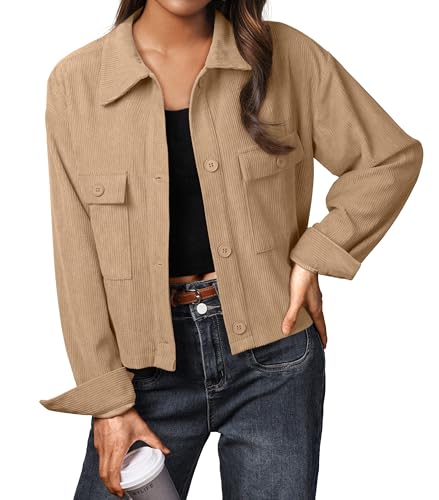 IWOLLENCE Cordjacke Damen Hemdjacke Damen Cordhemd Damen Kurzjacke Langarm Revers Button-Down Shacket Mantel (Khaki, XXL) von IWOLLENCE