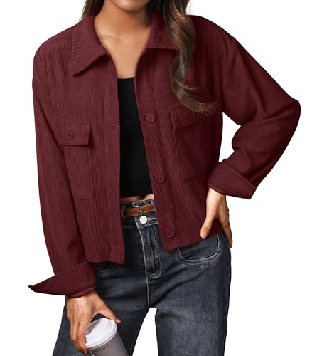 IWOLLENCE Cordjacke Damen Hemdjacke Damen Cordhemd Damen Kurzjacke Langarm Revers Button-Down Shacket Mantel (Weinrot, XXL) von IWOLLENCE