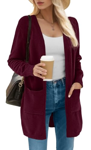 IWOLLENCE Dunkel Rot Strickjacke Damen Vorne Offen Feinstrick Langarm Cardigan Mit Taschen von IWOLLENCE