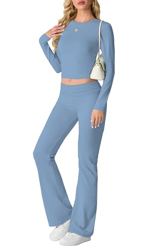 IWOLLENCE Hausanzug Damen Jogginganzug Set Lounge Set 2 Teiler Sportanzug Damen Y2K Outfit Homewear mit Crop Top und Schlaghosen (Blau Grau, S) von IWOLLENCE