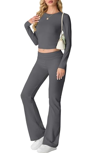 IWOLLENCE Hausanzug Damen Jogginganzug Set Lounge Set 2 Teiler Sportanzug Damen Y2K Outfit Homewear mit Crop Top und Schlaghosen (Dunkelgrau, M) von IWOLLENCE