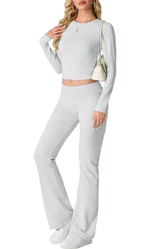 IWOLLENCE Hausanzug Damen Jogginganzug Set Lounge Set 2 Teiler Sportanzug Damen Y2K Outfit Homewear mit Crop Top und Schlaghosen (Hell Grau, L) von IWOLLENCE