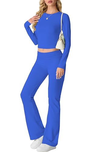 IWOLLENCE Hausanzug Damen Jogginganzug Set Lounge Set 2 Teiler Sportanzug Damen Y2K Outfit Homewear mit Crop Top und Schlaghosen (Kleinblau, M) von IWOLLENCE