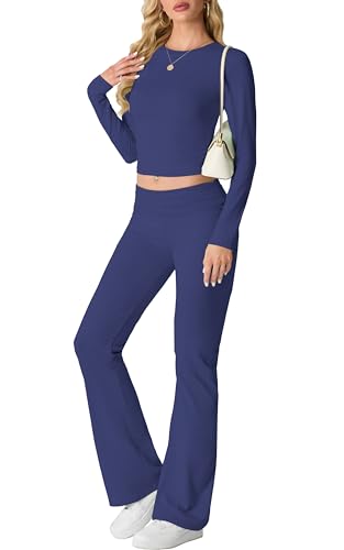 IWOLLENCE Hausanzug Damen Jogginganzug Set Lounge Set 2 Teiler Sportanzug Damen Y2K Outfit Homewear mit Crop Top und Schlaghosen (Marineblau, L) von IWOLLENCE