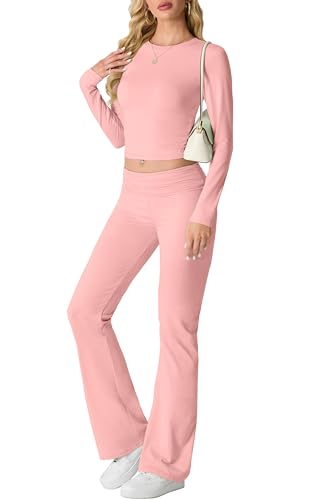 IWOLLENCE Hausanzug Damen Jogginganzug Set Lounge Set 2 Teiler Sportanzug Damen Y2K Outfit Homewear mit Crop Top und Schlaghosen (Rosa, S) von IWOLLENCE