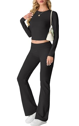 IWOLLENCE Hausanzug Damen Jogginganzug Set Lounge Set 2 Teiler Sportanzug Damen Y2K Outfit Homewear mit Crop Top und Schlaghosen (Schwarz, L) von IWOLLENCE