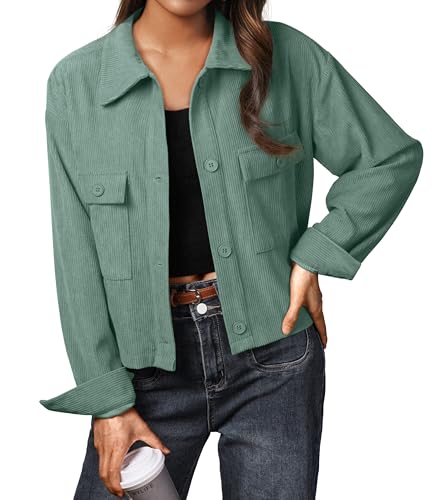 IWOLLENCE Cordjacke Damen Hemdjacke Damen Cordhemd Damen Kurzjacke Langarm Revers Button-Down Shacket Mantel (Grün, XXL) von IWOLLENCE