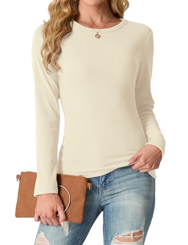 IWOLLENCE Langarmshirt Damen Oberteile Eng Tshirt Longsleeve Gerippt Rundhalsausschnitt Basic Elegant Y2K Top (Beige, M) von IWOLLENCE