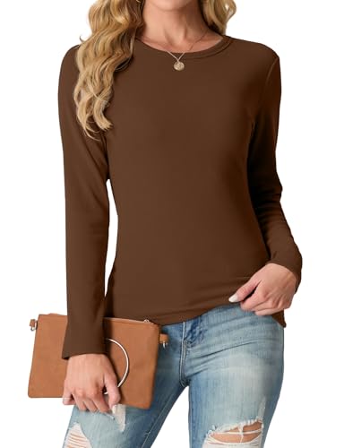 IWOLLENCE Langarmshirt Damen Oberteile Eng Tshirt Longsleeve Gerippt Rundhalsausschnitt Basic Elegant Y2K Top (Dunkelbraun, S) von IWOLLENCE