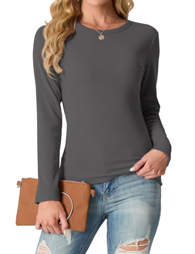 IWOLLENCE Langarmshirt Damen Oberteile Eng Tshirt Longsleeve Gerippt Rundhalsausschnitt Basic Elegant Y2K Top (Dunkelgrau, XL) von IWOLLENCE