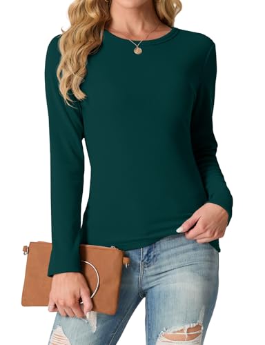 IWOLLENCE Langarmshirt Damen Oberteile Eng Tshirt Longsleeve Gerippt Rundhalsausschnitt Basic Elegant Y2K Top (Dunkelgrün, XXL) von IWOLLENCE
