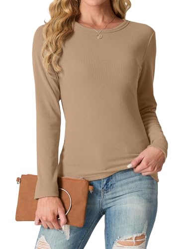 IWOLLENCE Langarmshirt Damen Oberteile Eng Tshirt Longsleeve Gerippt Rundhalsausschnitt Basic Elegant Y2K Top (Khaki, L) von IWOLLENCE