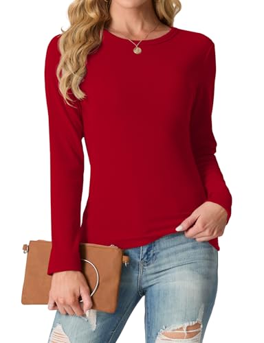 IWOLLENCE Langarmshirt Damen Oberteile Eng Tshirt Longsleeve Gerippt Rundhalsausschnitt Basic Elegant Y2K Top (Rot, S) von IWOLLENCE