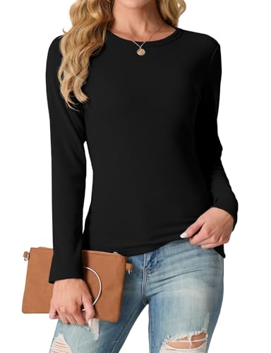 IWOLLENCE Langarmshirt Damen Oberteile Eng Tshirt Longsleeve Gerippt Rundhalsausschnitt Basic Elegant Y2K Top (Schwarz, XXL) von IWOLLENCE