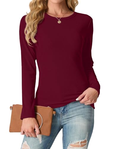 IWOLLENCE Langarmshirt Damen Oberteile Eng Tshirt Longsleeve Gerippt Rundhalsausschnitt Basic Elegant Y2K Top (Weinrot, L) von IWOLLENCE