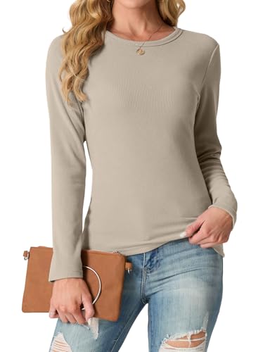 IWOLLENCE Langarmshirt Damen Oberteile Eng Tshirt Longsleeve Gerippt Rundhalsausschnitt Basic Elegant Y2K Top (Weizenfarbe, XL) von IWOLLENCE