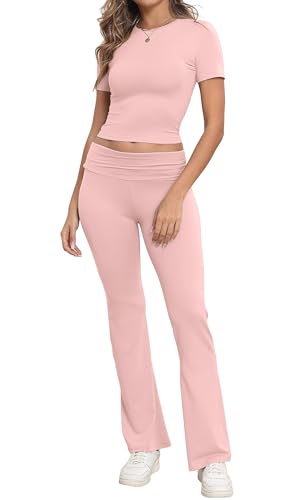 IWOLLENCE Lounge Set Damen Zweiteiler Hausanzug Kurzarm Oberteil mit Breitem Elastischem Hosenbund Schlaghose Loungewear Set (Rosa, S) von IWOLLENCE