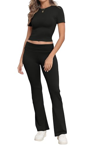 IWOLLENCE Lounge Set Damen Zweiteiler Hausanzug Kurzarm Oberteil mit Breitem Elastischem Hosenbund Schlaghose Loungewear Set (Schwarz, XS) von IWOLLENCE