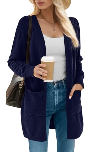 IWOLLENCE Marine Blau Strickjacke Damen Vorne Offen Feinstrick Langarm Cardigan Mit Taschen von IWOLLENCE