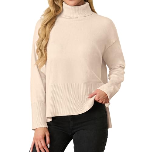 IWOLLENCE Pullover Damen Elegant Strickpullover Rollkragenpullover Langarm Seitlichem Schlitz Winter Sweatershirt (Beige, L) von IWOLLENCE