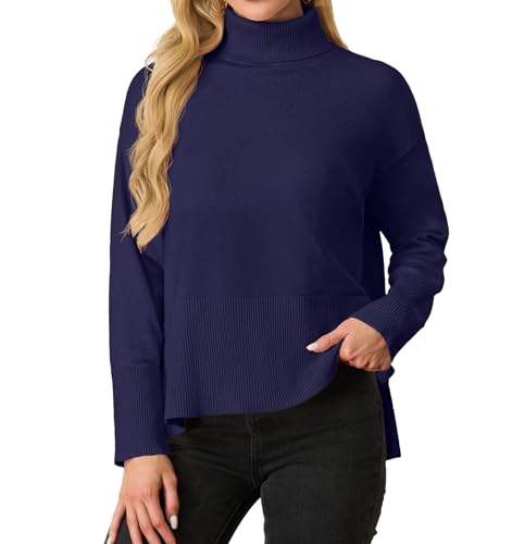 IWOLLENCE Pullover Damen Elegant Strickpullover Rollkragenpullover Langarm Seitlichem Schlitz Winter Sweatershirt (Marineblau, S) von IWOLLENCE