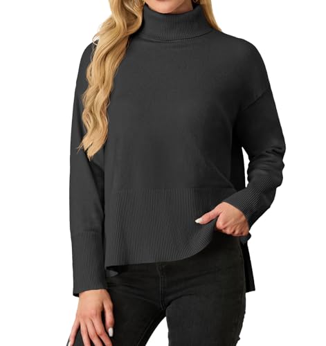 IWOLLENCE Pullover Damen Elegant Strickpullover Rollkragenpullover Langarm Seitlichem Schlitz Winter Sweatershirt (Schwarz, M) von IWOLLENCE