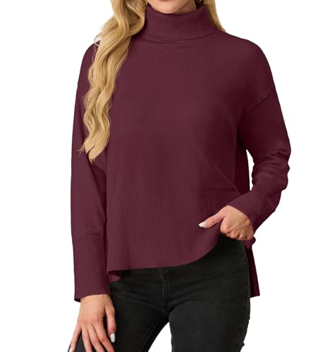 IWOLLENCE Pullover Damen Elegant Strickpullover Rollkragenpullover Langarm Seitlichem Schlitz Winter Sweatershirt (Weinrot, L) von IWOLLENCE