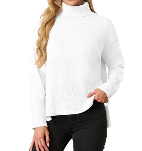 IWOLLENCE Pullover Damen Elegant Strickpullover Rollkragenpullover Langarm Seitlichem Schlitz Winter Sweatershirt (Weiß, M) von IWOLLENCE