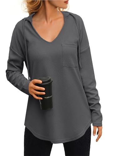 IWOLLENCE Kapuzenpullover Damen Hoodie Italienische Mode Tunika Sweatshirt Elegant Mit V-Ausschnitt und Drawstring (Dunkelgrau, M) von IWOLLENCE