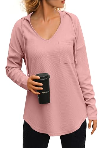 IWOLLENCE Kapuzenpullover Damen Hoodie Italienische Mode Tunika Sweatshirt Elegant Mit V-Ausschnitt und Drawstring (Rosa, L) von IWOLLENCE