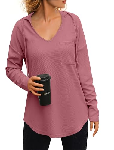 IWOLLENCE Kapuzenpullover Damen Hoodie Italienische Mode Tunika Sweatshirt Elegant Mit V-Ausschnitt und Drawstring (Ziegelrot, M) von IWOLLENCE