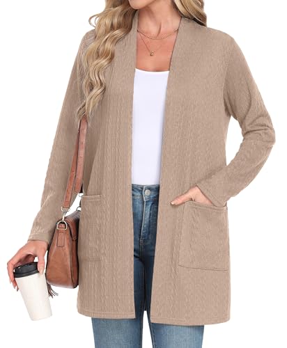 IWOLLENCE Strickjacke Damen Lang Gedrehte Strickjacke Cardigan Elegant Gestrickt Mit Offener Vorderseite und Taschen (Khaki, L) von IWOLLENCE