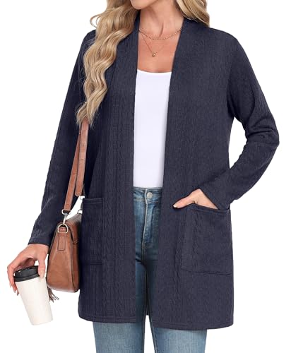 IWOLLENCE Strickjacke Damen Lang Gedrehte Strickjacke Cardigan Elegant Gestrickt Mit Offener Vorderseite und Taschen (Marineblau, L) von IWOLLENCE