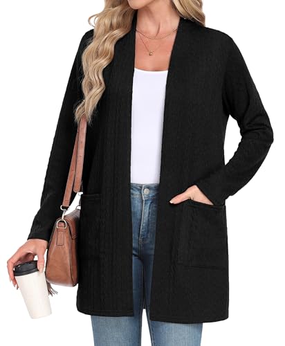 IWOLLENCE Strickjacke Damen Lang Gedrehte Strickjacke Cardigan Elegant Gestrickt Mit Offener Vorderseite und Taschen (Schwarz, M) von IWOLLENCE