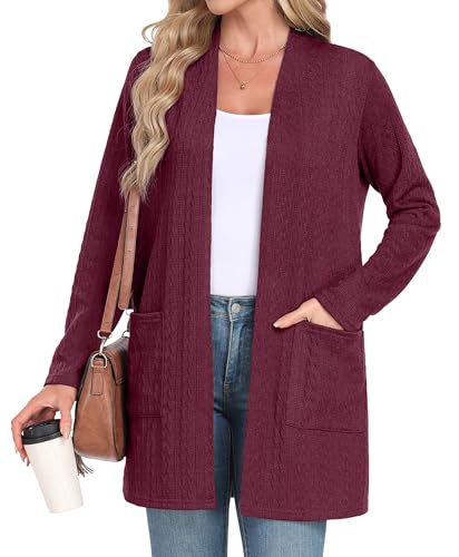 IWOLLENCE Strickjacke Damen Lang Gedrehte Strickjacke Cardigan Elegant Gestrickt Mit Offener Vorderseite und Taschen (Weinrot, M) von IWOLLENCE