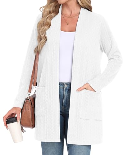 IWOLLENCE Strickjacke Damen Lang Gedrehte Strickjacke Cardigan Elegant Gestrickt Mit Offener Vorderseite und Taschen (Weiß, XL) von IWOLLENCE