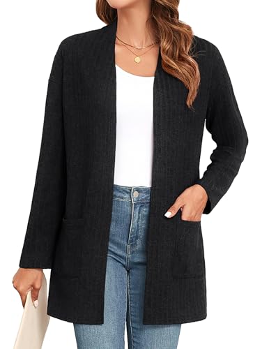 IWOLLENCE Strickjacke Damen Lang Gerippter Strick Cardigan Langarm Dünn und Elegant Herbst Strickjacke für Damen (Black, M) von IWOLLENCE