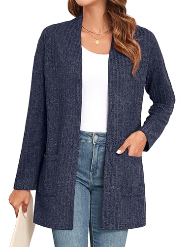 IWOLLENCE Strickjacke Damen Lang Gerippter Strick Cardigan Langarm Dünn und Elegant Herbst Strickjacke für Damen (Navy Blue, L) von IWOLLENCE