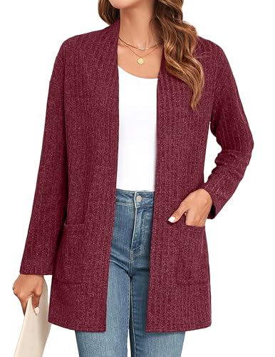 IWOLLENCE Strickjacke Damen Lang Gerippter Strick Cardigan Langarm Dünn und Elegant Herbst Strickjacke für Damen (Wine Red, M) von IWOLLENCE