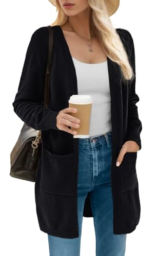 IWOLLENCE Strickjacke Damen Schwarz Vorne Offen Feinstrick Langarm Cardigan Mit Taschen IWOLLENCE Strickjacke Damen Schwarz Vorne Offen Feinstrick Langarm Cardigan Mit Taschen von IWOLLENCE