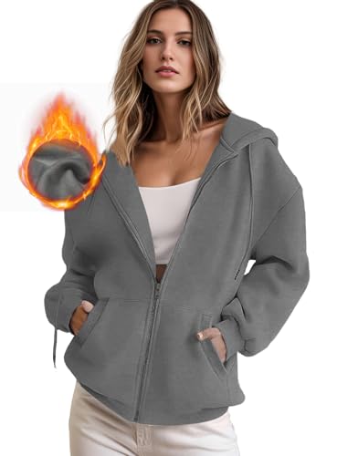 IWOLLENCE Sweatjacke Damen Zipper Hoodie Fleecejacke Dunkelgrau L von IWOLLENCE